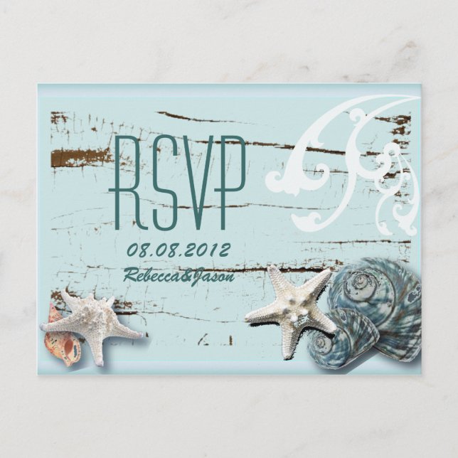 Elegant wood BLue Seashells Beach Wedding rsvp Invitation Postcard (Front)