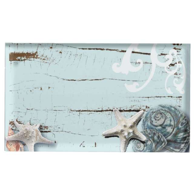 Elegant wood BLue Seashells Beach Wedding Table Card Holder (Front)