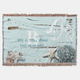 Elegant wood BLue Seashells Beach Wedding Throw Blanket