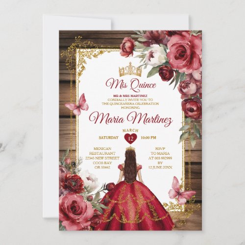 Elegant Wood Burgundy Flowers Princess Mis Quince Invitation