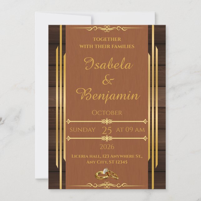 Elegant Wood & Gold Wedding Invitation – Rustic Ch (Front)