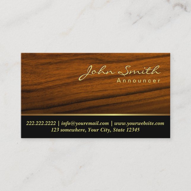 Elegant Wood Grain Announcer Business Card (Front)