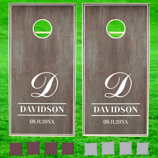 Elegant Wood Grain Family Name Monogram Cornhole Set (Creator Uploaded)