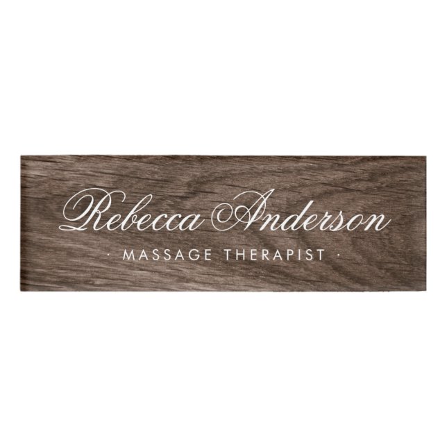 Elegant wood grain pretty chic script name tag (Front)