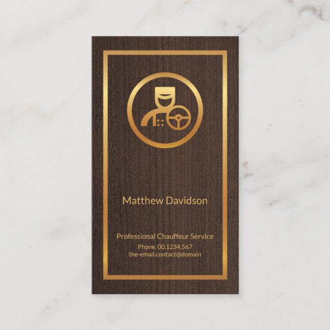 Elegant Wood Grain Texture Gold Frame Chauffeur Business Card (Front)