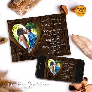 Elegant Wood Heart Photo Frame Rustic Wedding Invitation