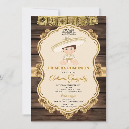Elegant Wood Little Cute Boy Primera Comunin Gold Invitation