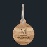 Elegant wood look monogram name phone number pet ID tag<br><div class="desc">Pet ID tag featuring your pet's name and monogram initial on a printed image wood background,  and your phone number on the back.</div>
