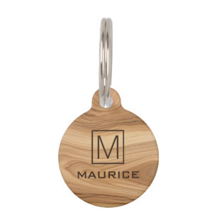 Elegant wood look monogram name phone number pet ID tag