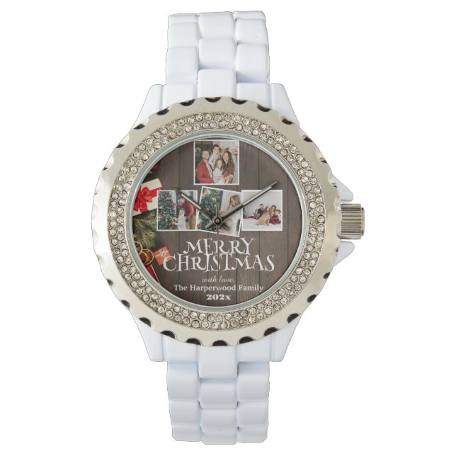 Elegant wood Merry Christmas Family Photo Collage Watch (Front)