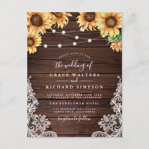 Elegant Wood Sunflowers Lights  Lace Wedding Invitation Postcard