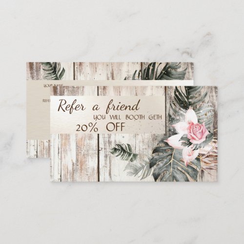 Elegant Wood TextureStripePalm Leave Roses  Referral Card