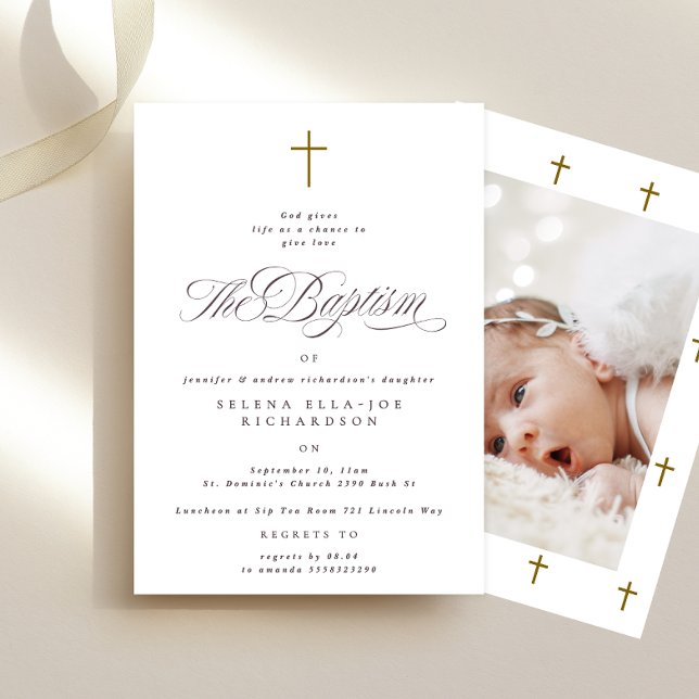 Elegant Wooden Cross Calligraphy Photo Baptism Invitation (Creator Uploaded)