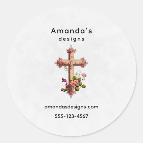 Elegant Wooden Cross with Pink Flowers Business Classic Round Sticker