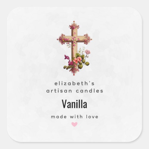 Elegant Wooden Cross with Pink Flowers Candle Biz Square Sticker