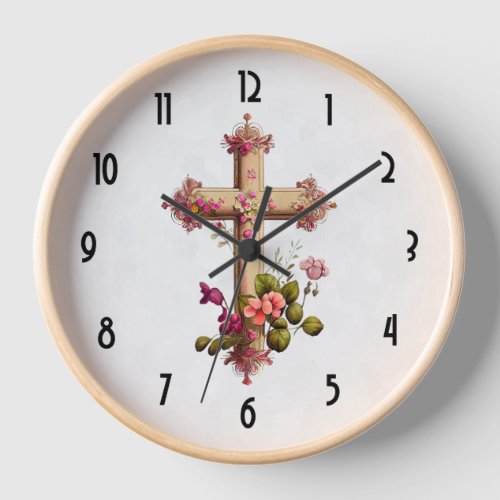 Elegant Wooden Cross with Pink Flowers Clock