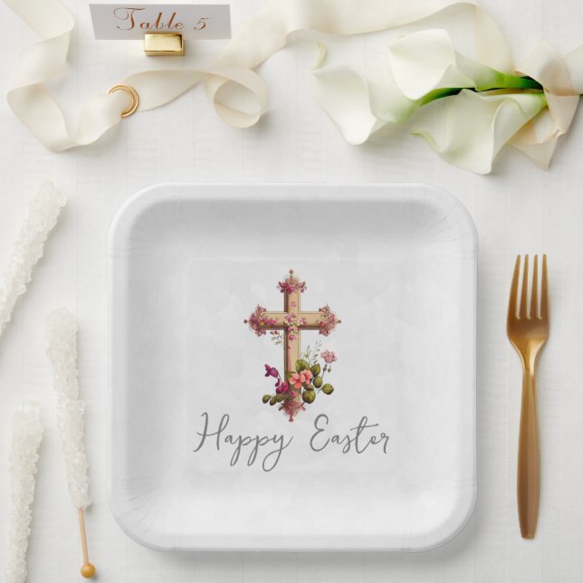 Elegant Wooden Cross with Pink Flowers Easter Paper Plates (Wedding)