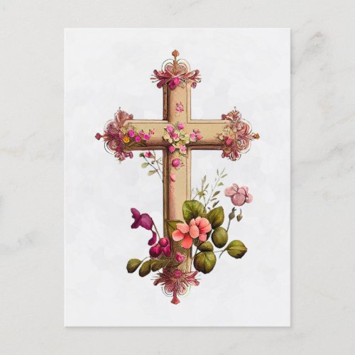 Elegant Wooden Cross with Pink Flowers Holiday Postcard