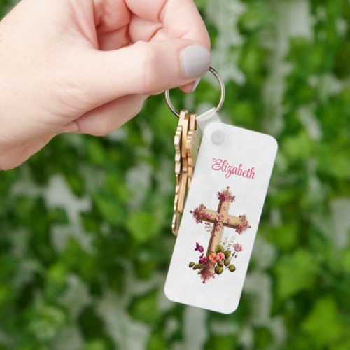 Elegant Wooden Cross with Pink Flowers Keychain