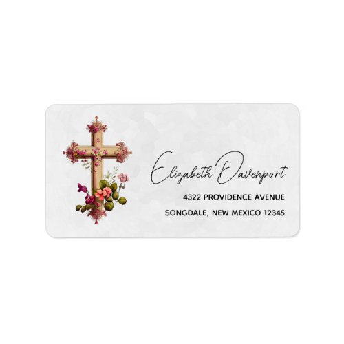 Elegant Wooden Cross with Pink Flowers Label