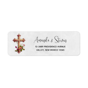 Elegant Wooden Cross with Pink Flowers Label