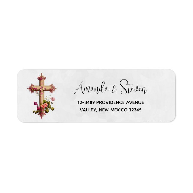 Elegant Wooden Cross with Pink Flowers Label (Front)