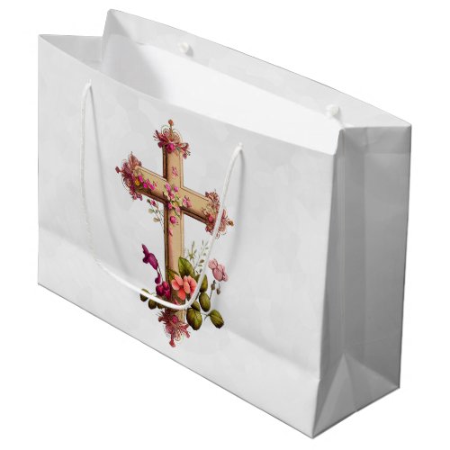 Elegant Wooden Cross with Pink Flowers Large Gift Bag