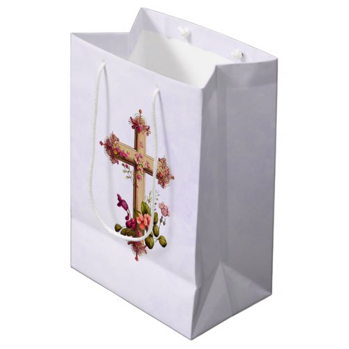 Elegant Wooden Cross with Pink Flowers Medium Gift Bag