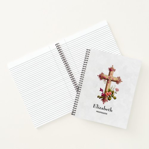 Elegant Wooden Cross with Pink Flowers Notebook