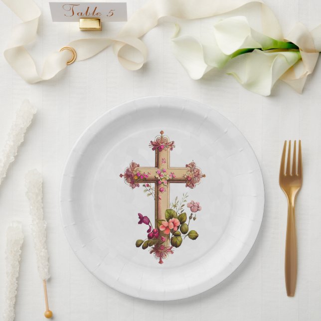  Elegant Wooden Cross with Pink Flowers Paper Plates (Wedding)