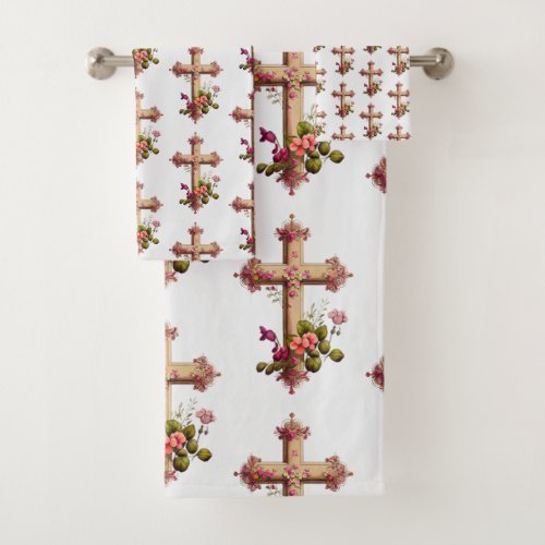 Elegant Wooden Cross with Pink Flowers Patterned Bath Towel Set