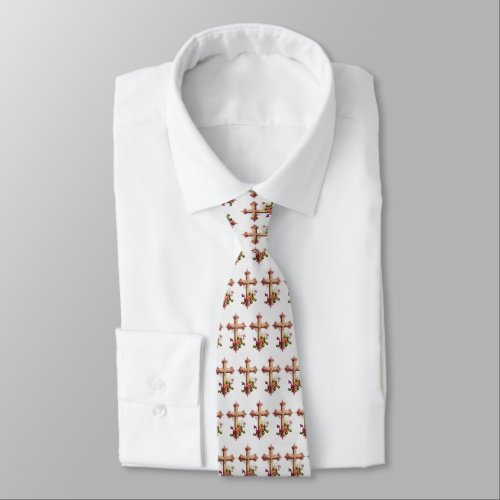 Elegant Wooden Cross with Pink Flowers Patterned Neck Tie
