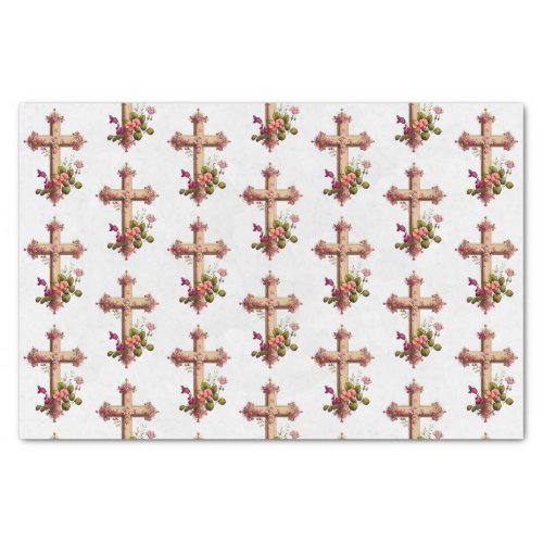 Elegant Wooden Cross with Pink Flowers Patterned Tissue Paper