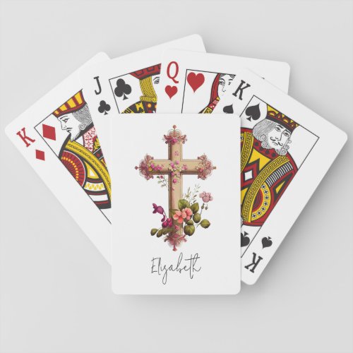 Elegant Wooden Cross with Pink Flowers Playing Cards
