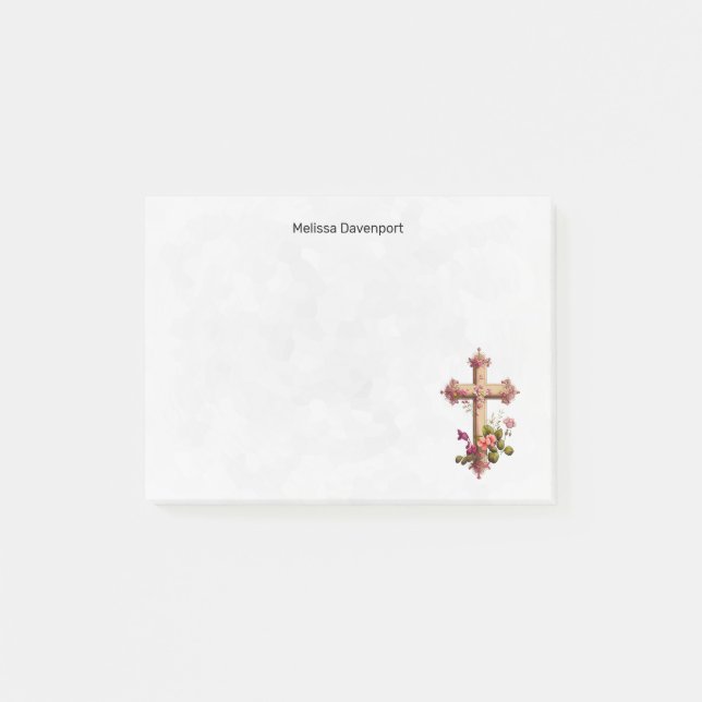 Elegant Wooden Cross with Pink Flowers Post-it Notes (Front)