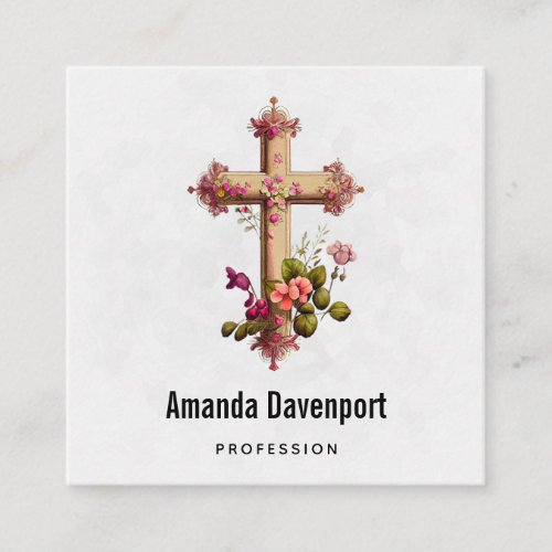 Elegant Wooden Cross with Pink Flowers Square Business Card