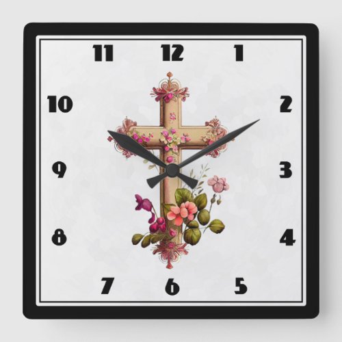 Elegant Wooden Cross with Pink Flowers Square Wall Clock