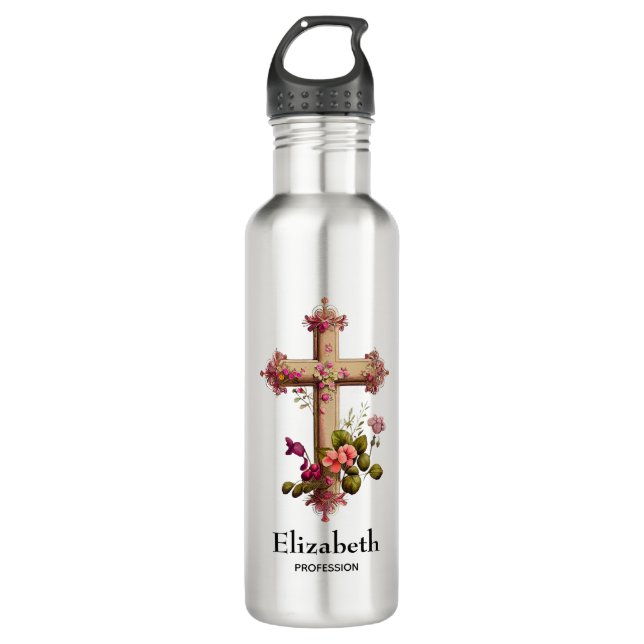 Elegant Wooden Cross with Pink Flowers Stainless Steel Water Bottle (Front)