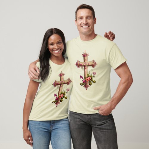 Elegant Wooden Cross with Pink Flowers T_Shirt