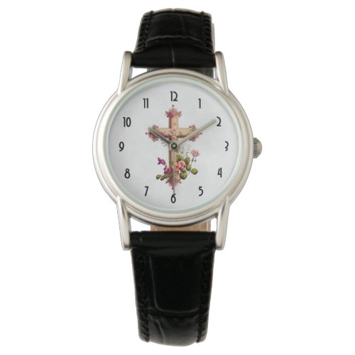 Elegant Wooden Cross with Pink Flowers Watch