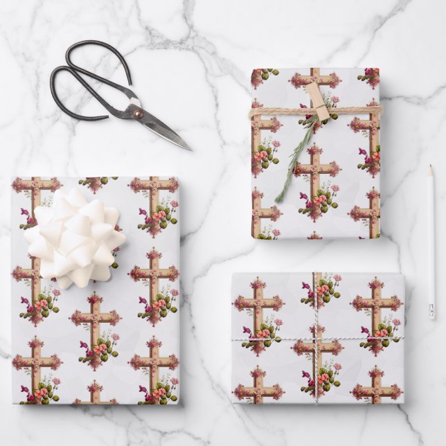Elegant Wooden Cross with Pink Flowers Wrapping Paper Sheets (Front)
