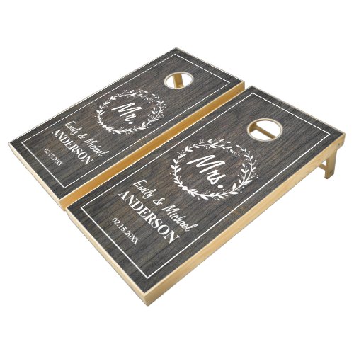 Elegant Woodgrain Mr. & Mrs. Wedding Announcement Cornhole Set