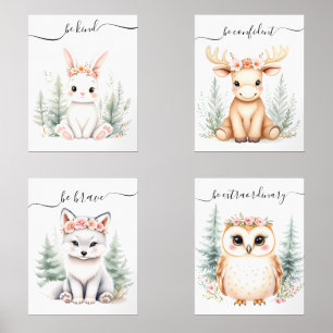 Elegant Woodland Animal Watercolor Girly Nursery Wall Art Sets