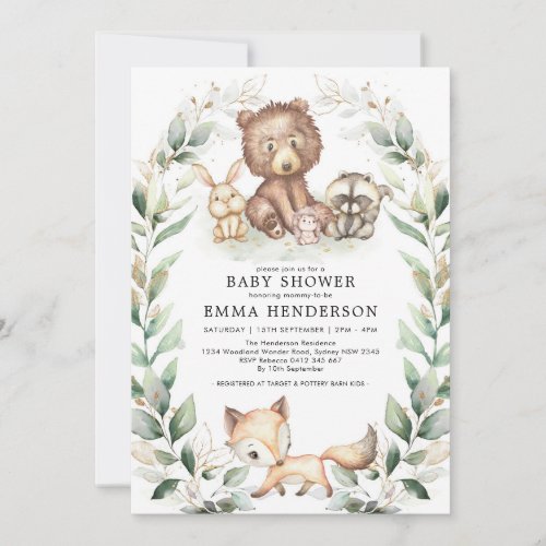 Elegant Woodland Animals Baby Shower Greenery Gold Invitation
