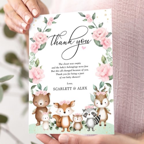 Elegant Woodland Animals Pink Blush Floral Baby Thank You Card