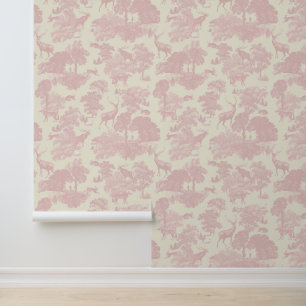 Elegant Woodland Animals Soft Pink Beige Toile Wallpaper