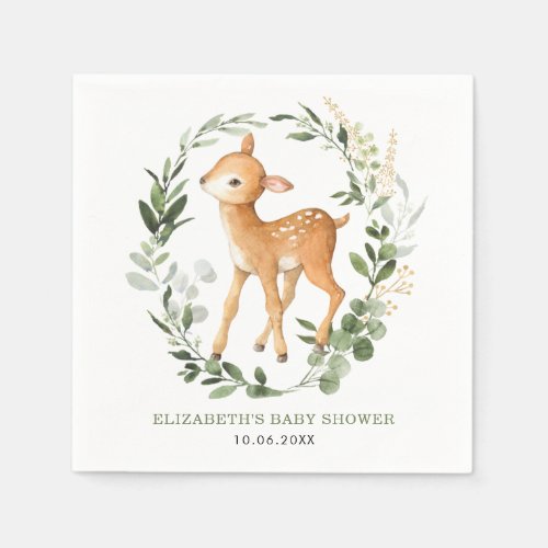 Elegant Woodland Deer Botanical Leaves Baby Shower Napkins