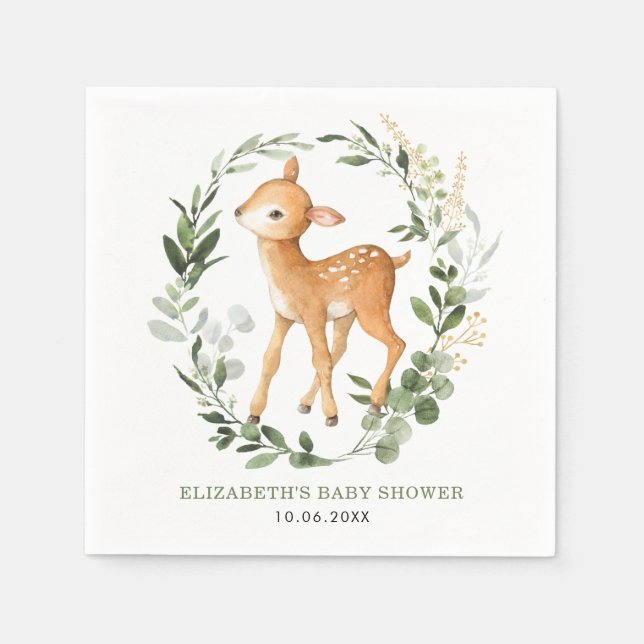 Elegant Woodland Deer Botanical Leaves Baby Shower Napkins (Front)