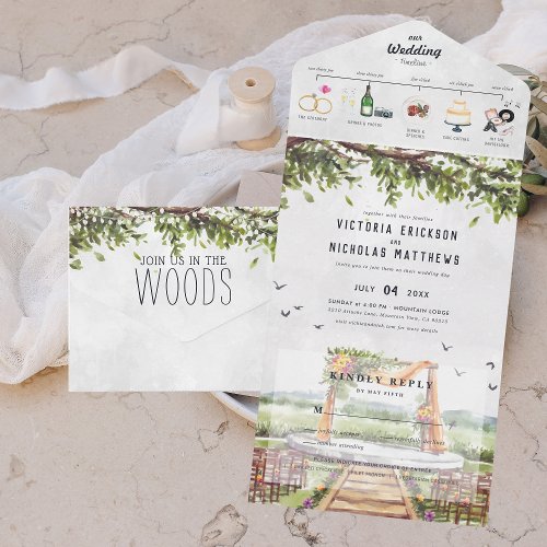 Elegant Woodland Forest  Illustrated Wedding All In One Invitation