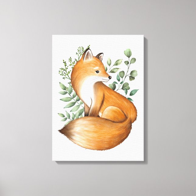 Elegant Woodland Fox Botanical Greenery Leaves Canvas Print (Front)